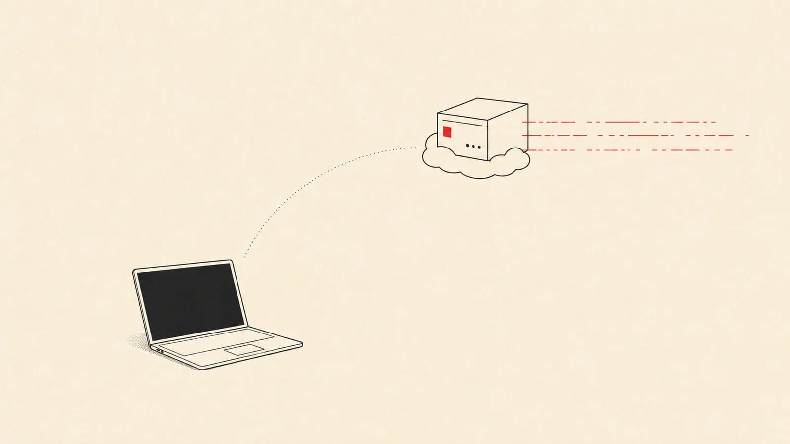 A closed laptop hands its work to an always-on cloud machine that keeps running.